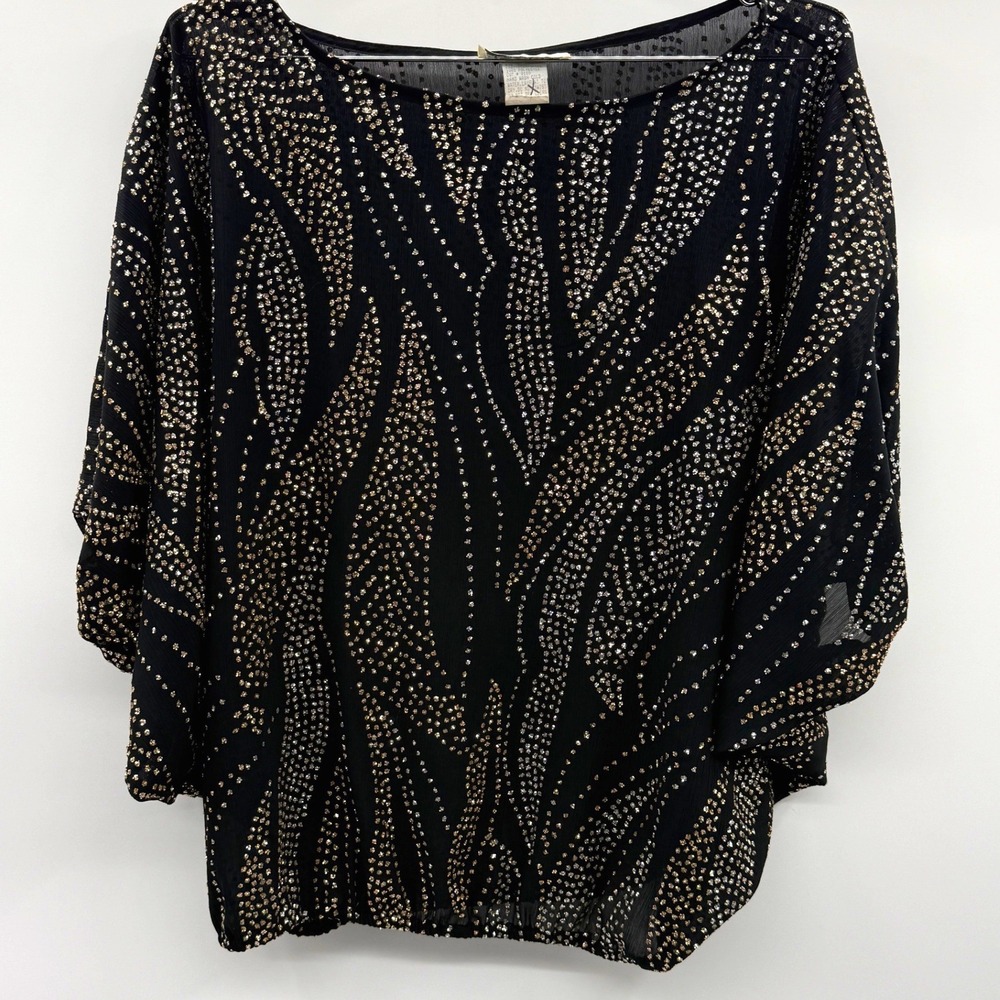 Vintage Glances Black Sequins Metallic Dolman Blouson‎ Sheer Top Size 10 Retro